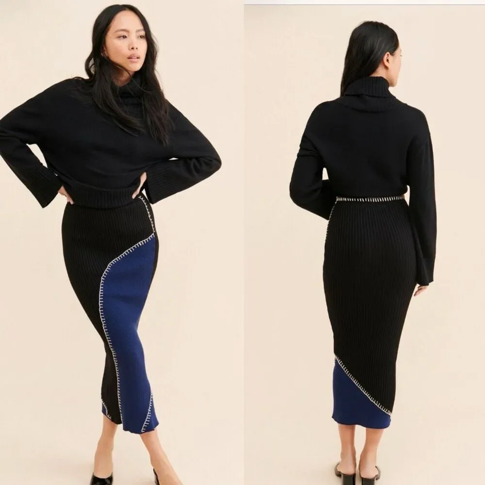 Another Girl Size L Ribbed Knit Midi Skirt midi Black Blue Colorblock Contrast S